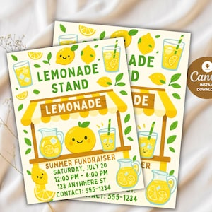 Könnte beinhalten: Zwei Flyer mit einem Limonadenstand-Thema. Das Design zeigt Illustrationen von Zitronen, Limonade und einem Limonadenstand. Der Text enthält "Lemonade Stand", "Summer Fundraiser" und Kontaktinformationen. Ein Canva-Sofort-Download-Button ist sichtbar.