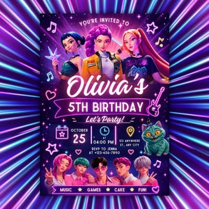 May include: A digital birthday invitation flyer featuring three animated characters at the top and five at the bottom. Text reads: You're invited to Olivia's 5th Birthday, Let's Party, October 25, 04:00 PM, 123 Anywhere St., Any City, RSVP to Jenna at 123-456-7890.