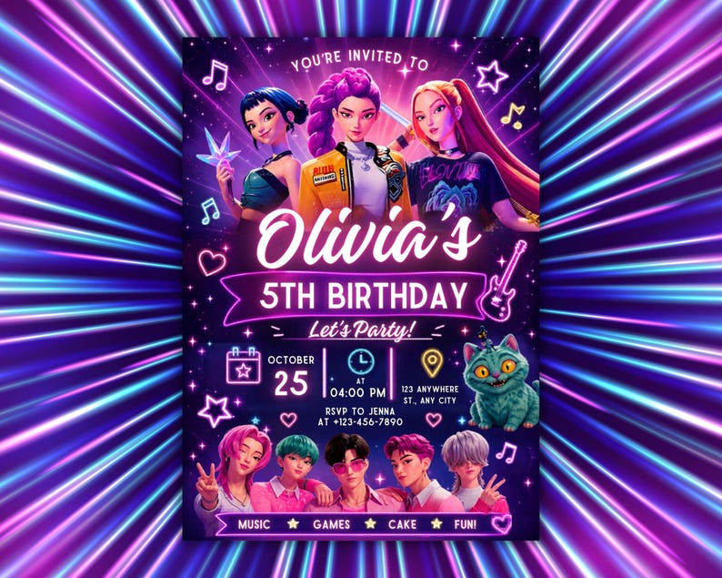 May include: A digital birthday invitation flyer featuring three animated characters at the top and five at the bottom. Text reads: You're invited to Olivia's 5th Birthday, Let's Party, October 25, 04:00 PM, 123 Anywhere St., Any City, RSVP to Jenna at 123-456-7890.