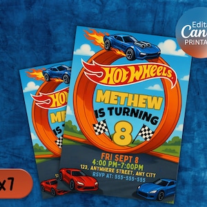 May include: A Hot Wheels themed birthday invitation card featuring a blue race car jumping through an orange loop. The text reads Methew is turning 8, with event details including Friday September 8, 4:00 PM-7:00 PM, 123 Anywhere Street, Any City, and RSVP at 555-555-555.