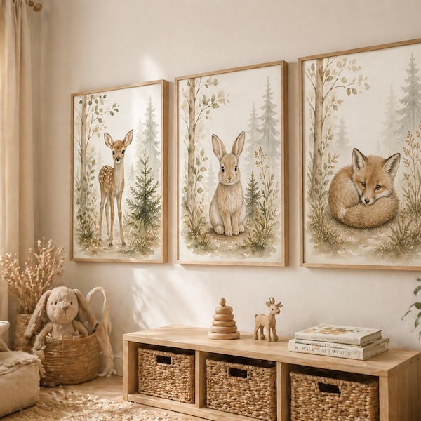 Woodland Nursery Wall Art Set of 3, Baby Animal Prints Deer Bunny Fox, Neutral Scandinavian Nursery Decor, Forest Animal Wall Art,  Poster
