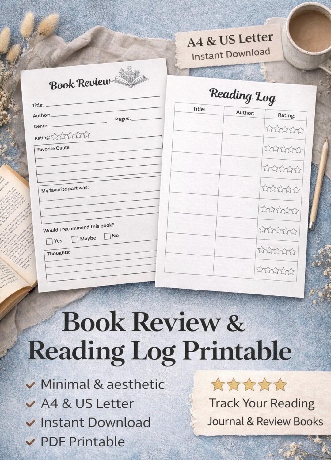 Review Log Book Review & Reading Log Printable, Minimal Reading Journal Pages, (A4 ...