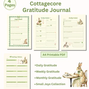 Printbaar dankbaarheidsdagboek in cottagecore-stijl, met dagelijkse, wekelijkse en maandelijkse reflectiepagina's met konijnenmotief, A4-formaat PDF.