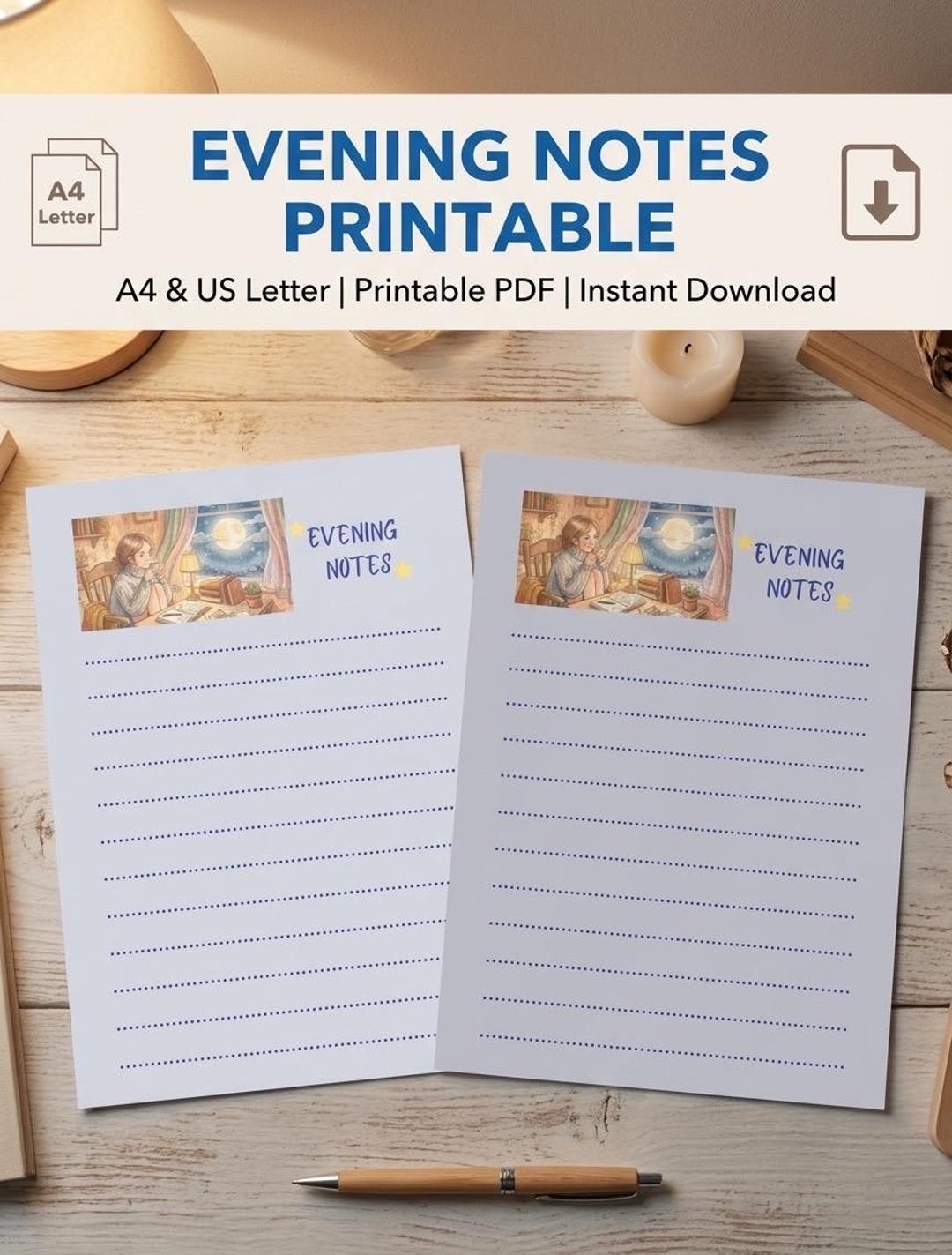 Cozy Notes Cozy Evening Notes Printable Writing Paper, Moon Illustration Journal ...