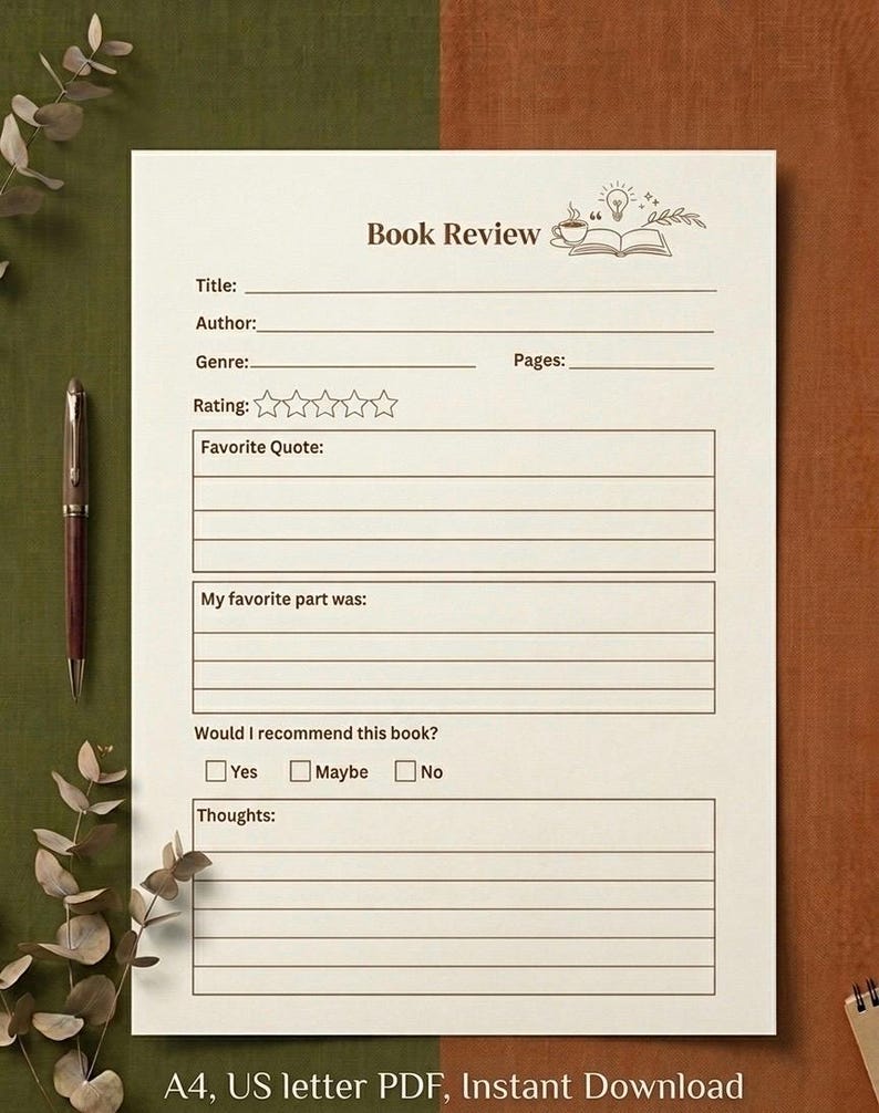 Reading Journal Printable | Book Review Template PDF, A4 & US Letter ...