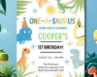 Convite de aniversário "One-a-saurus": Festa de Dinossauro, modelo editável (download digital)