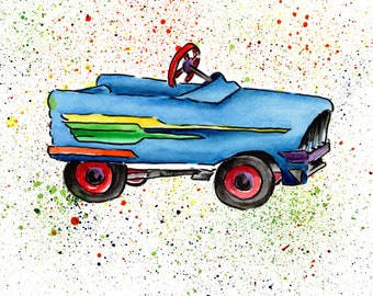 Blue Pedal Car Original Watercolor
