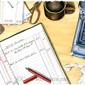 May include: Watercolor painting of a vintage accounting scene. A ledger book with handwritten entries and a red pen are on a wooden desk. Other items include a calculator, scissors, a coffee mug, and a 1090-48 form.