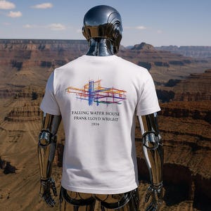 Könnte beinhalten: Weißes T-Shirt mit einem farbenfrohen architektonischen Design auf der Rückseite. Das Design enthält den Text "FALLING WATER HOUSE FRANK LLOYD WRIGHT 1939". Das T-Shirt wird von einem Chromroboter mit malerischem Hintergrund getragen.