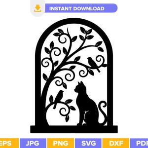 May include: Black silhouette of a cat sitting beneath a tree with two birds perched on branches. The design is enclosed within an arched frame. The words "INSTANT DOWNLOAD" are at the top.