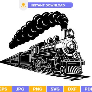 May include: Black and white illustration of a vintage steam train with a large plume of smoke. The train is on a track and has detailed features, including wheels, a headlight, and a smokestack. The words "INSTANT DOWNLOAD" are at the top.