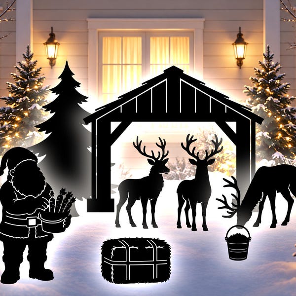 3-7ft Life Size Christmas Decor Templates, Santa Reindeer Barn Scene Laser Cut File, Large Outdoor Trace & Cut Silhouette, Deer Stencils