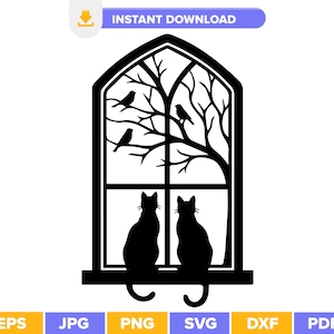 May include: Black silhouette of a window with a tree and birds, and two cats sitting on the windowsill. The text "INSTANT DOWNLOAD" is at the top. The image is a digital design.