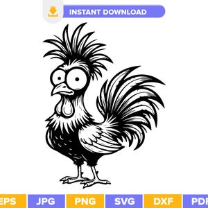 May include: Black and white cartoon illustration of a rooster with large eyes and a spiky crest. The rooster has a detailed feather design and is standing upright. The image includes the text "INSTANT DOWNLOAD".