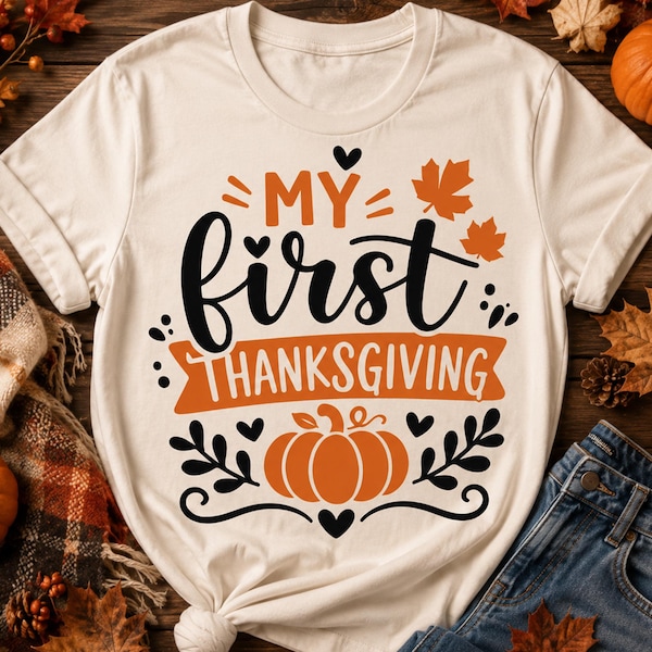 My First Thanksgiving SVG, Thanksgiving Baby Outfit Design, Baby Thanksgiving Shirt SVG, Pumpkin Fall PNG, Cute Baby Bodysuit Sublimation