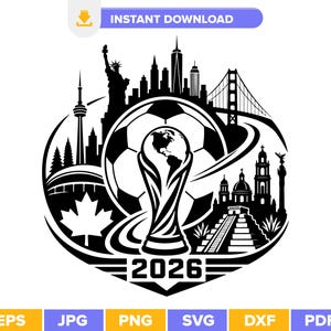 Peut inclure: Un graphisme en noir et blanc représentant un ballon de football et un trophée au centre de monuments emblématiques, dont la Statue de la Liberté, un pont et une pyramide. Le texte 2026 figure au bas de cette illustration circulaire.