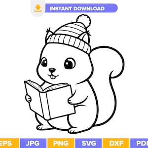 May include: Black and white cartoon illustration of a squirrel wearing a striped hat, holding and reading a book. The image has the text "INSTANT DOWNLOAD" in a purple banner.
