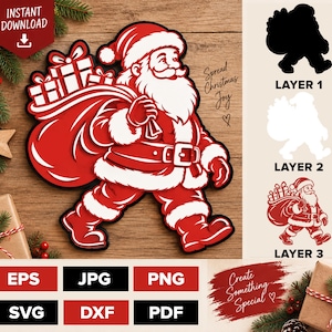 May include: A digital graphic design featuring a red and white illustration of Santa Claus carrying a sack of gifts. The image includes three distinct layers: a black silhouette, a white outline, and a detailed red version, with file format labels.