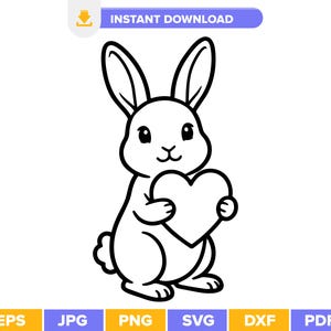 Può includere: Illustrazione in bianco e nero di un coniglietto dei cartoni animati che tiene un cuore. Il coniglietto ha lunghe orecchie e sorride. Il testo "INSTANT DOWNLOAD" è visibile in alto.