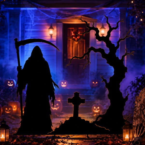 Halloween Printable Life Size Template, Spooky Outdoor Garden Decor, Grim Reaper Trace and Cutout, Outdoor Halloween Stencil, Silhouette PDF