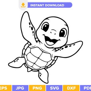 Könnte beinhalten: Schwarz-weiße Cartoon-Illustration einer lächelnden Meeresschildkröte mit erhobenen Flossen. Die Schildkröte hat ein detailliertes Schalenmuster und große, ausdrucksstarke Augen. Das Bild enthält den Text "INSTANT DOWNLOAD".