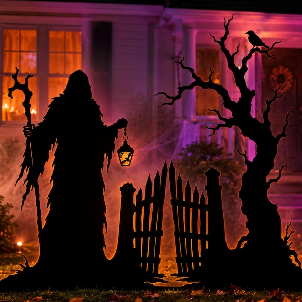 8ft Grim Reaper Halloween Silhouette PDF, Life Size Cemetery Gate Printable, Large Spooky Yard Decor Template, Haunted House Cutout Stencils