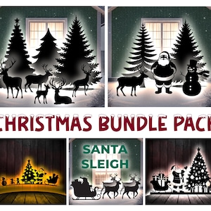 Może przedstawiać: Zestaw świąteczny z sylwetkami reniferów, choinek, Świętego Mikołaja i bałwana. Obrazy są podświetlone delikatną poświatą, tworząc świąteczną scenę. Wyświetlany jest tekst "CHRISTMAS BUNDLE PACK".