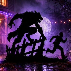 May include: A black silhouette yard decoration featuring a werewolf crouching on a wooden fence while a person runs away. The scene is set against a purple-lit background with a full moon, a house porch, and a tombstone with the text RIP.