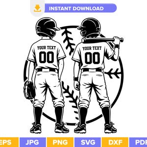 Pode incluir: Gráfico em preto e branco com tema de beisebol com dois jogadores de beisebol uniformizados, em pé em frente a uma bola de beisebol. O texto "YOUR TEXT" e o número "00" estão nas costas das camisas. A imagem é um download digital.