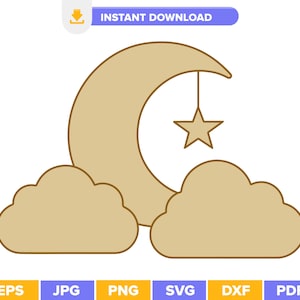 May include: A vector illustration of a crescent moon, a hanging star, and two clouds in a beige color scheme. The image has a brown outline and the text "INSTANT DOWNLOAD" in a purple banner.