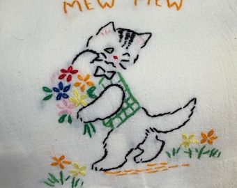 Juego de 5 paños de cocina de lino bordados con gatos estilo vintage de mediados de siglo. ¡Gatitos limpios!