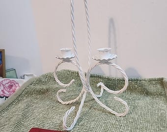 Vintage White Wrought Iron Two Taper Candle Holder