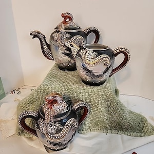 Vintage Japanese Dragonware Tea Set – Moriage 3pc Teapot Sugar Creamer – Raised