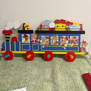 Vintage Wooden Bear Train Wall Rack Kids Coat Hooks Hand Painted Decor Germanyr