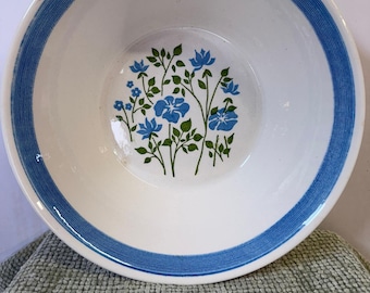 Bol de servir de gres azul vintage con estampado floral, fabricado en EE. UU., 23 cm, estilo rústico campestre.