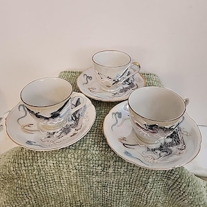 Vintage Lithophane Dragonware Teacup & Saucer Sets Japan Moriage – Set of 3