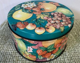 Vintage Fruit Tin Round Cookie Biscuit Storage Container Teal 6 inch tea