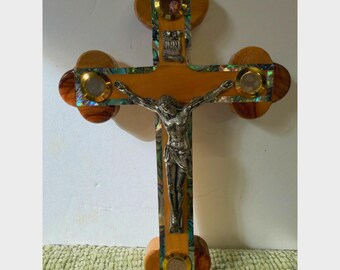 Vintage Jerusalem Olive Wood Crucifix Relic Cross Abalone Inlay