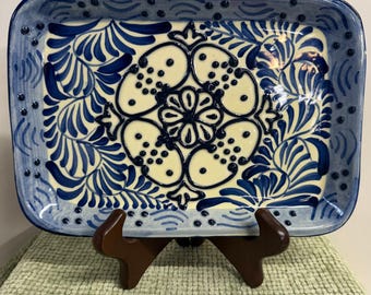Vtg handgjord Alba Mexiko blåvit keramikbricka upphöjd design 10x6 blommig