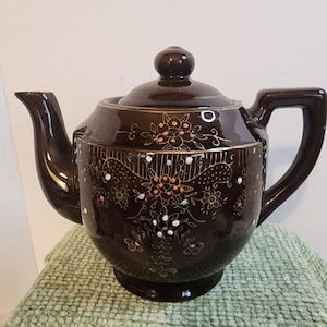 Vintage Japan Brown Teapot Hand Painted Gold Floral Enamel Dot 6in Midcentury