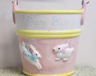 Cubo de conejito con diseño de arcilla, cesta de Pascua de cerámica pintada a mano, decoración con asa