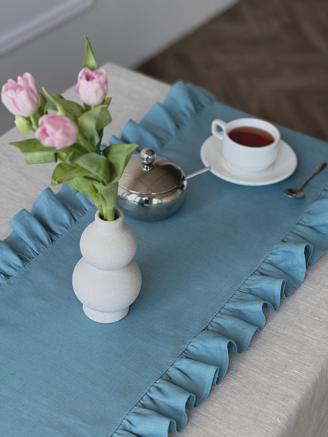 Linen Ruffle Table Runner Blue Ruffled Linen Table Runner - Etsy