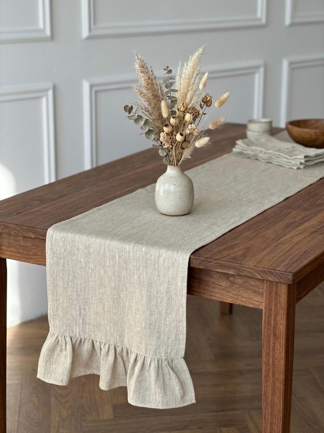 Natural Linen Table Runner with Ruffles, Rustic Farmhouse Dining Decor - 38x220cm/15x86in