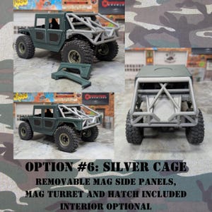Puede incluir: Imagen detallada de un modelo verde de veh&iacute;culo todoterreno con jaula antivuelco plateada. El veh&iacute;culo tiene neum&aacute;ticos grandes y robustos y paneles laterales extra&iacute;bles. El texto dice "OPTION #6: SILVER CAGE" con detalles adicionales.