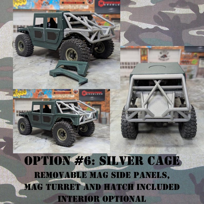 Puede incluir: Imagen detallada de un modelo verde de veh&iacute;culo todoterreno con jaula antivuelco plateada. El veh&iacute;culo tiene neum&aacute;ticos grandes y robustos y paneles laterales extra&iacute;bles. El texto dice "OPTION #6: SILVER CAGE" con detalles adicionales.