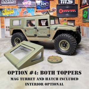 Puede incluir: Un modelo Humvee verde oliva con una torreta de cargador, una escotilla y dos cubiertas. El texto "OPTION #4: BOTH TOPPERS MAG TURRET AND HATCH INCLUDED INTERIOR OPTIONAL" se muestra en la parte inferior de la imagen.