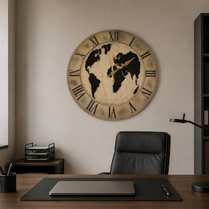 40 cm träglobväggklocka | Handgjord klocka i vintagestil med romerska siffror | Industriell design för hem och kontor