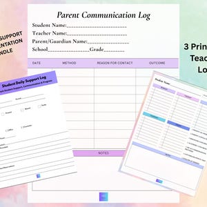 Puede incluir: Un paquete de tres registros docentes imprimibles que incluye un registro de comunicación con padres, un registro diario de apoyo al estudiante y una hoja de seguimiento semanal, con fondos blancos y encabezados, líneas y casillas en morado y azul.