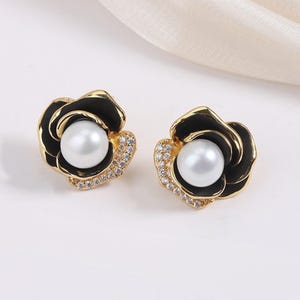 Flower Pearl Stud Earrings, Freshwater Pearl Floral Studs with Black Enamel, Camellia Rose Gold Plated Vintage Jewelry, Elegant Gift for Her