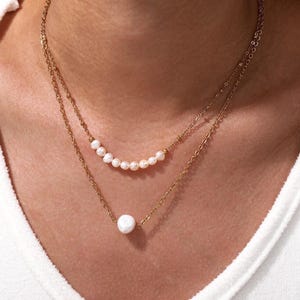 Double Layer Pearl Necklace, Tiny Freshwater Pearl Necklace, Dainty Gold Chain Necklace, Minimalist Necklace,Wedding Jewelry,Bridesmaid Gift